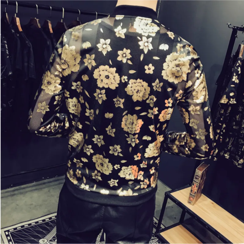 

Floral Black Gold Summer Jacket Men Thin Sexy Transpaparent Jacket BomberChaquetas Hombre Stage DJ Party Outfit Ropa Para Hombre