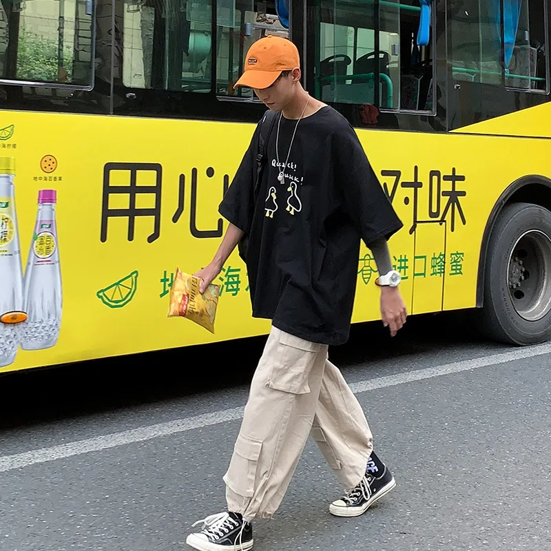 Повседневная белая мужская футболка в стиле Харадзюку длинная свободная