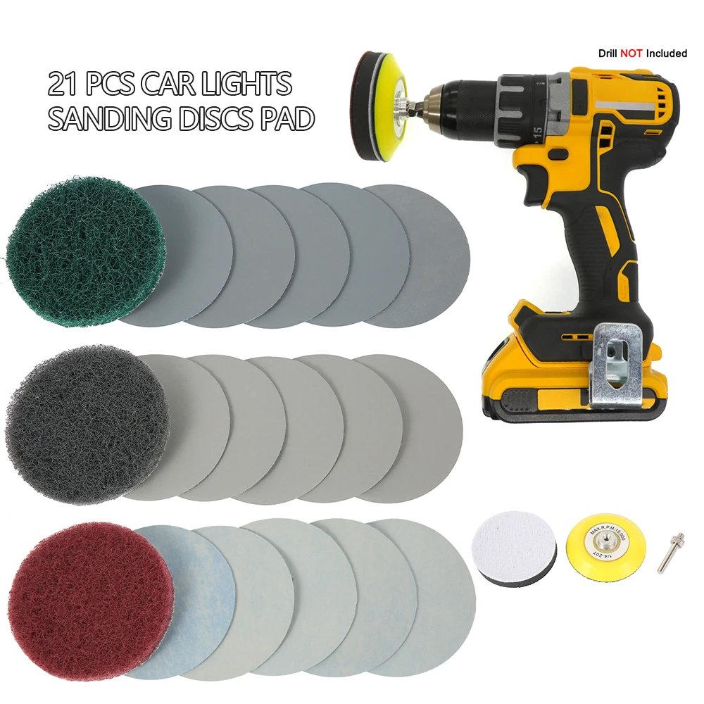 

21Pcs/Set Sanding Discs Pad Polishing Sandpaper DIY Car Lights Kit Restoration Headlights Repair P240 Mop M16 Drill Adapter