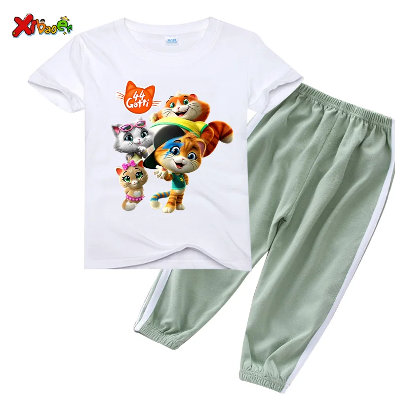 

Kids Sets Cartoon Cute Cat Print T Shirt 2021 Summer T-shirt Children's Short Sleeve T-shirt + Pants 2 Pc Set Toddler Baby Tee