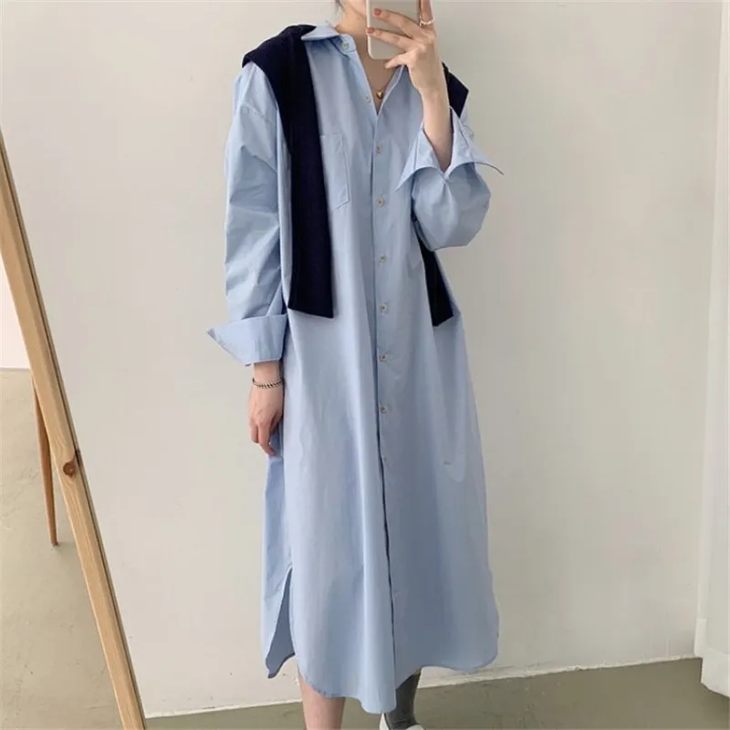 Spring Minimalist Shirt Dress Women Full Sleeve Straight Solid Button Up Female Loose Casual Loose Oversize Shirt Dress Robe