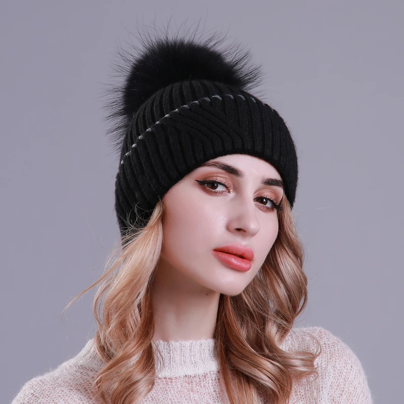 Женские шерстяные шапки с подошвой зимние теплые трикотажные настоящим помпон