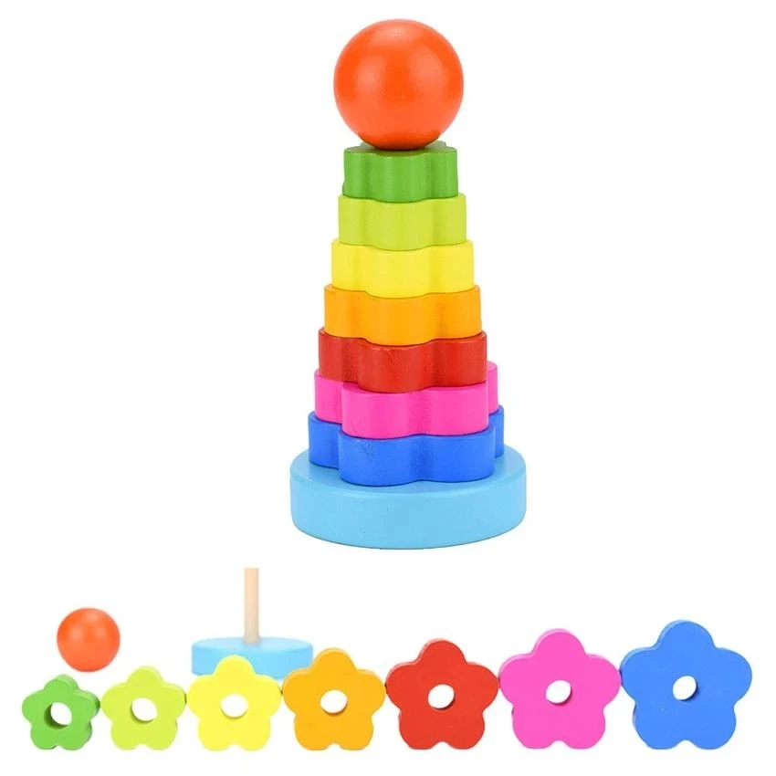 

DIY Baby Toys Rainbow Jenga Wooden Building Blocks Folding Tower Circle Colorful Dvelopment Early Education Toys For Kids Childr