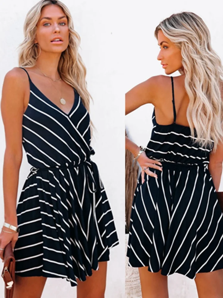 

2021 New Summer European and American Striped V-neck Suspender Dress Qoman Dress Punk Carnival Dress Short Prom Dress