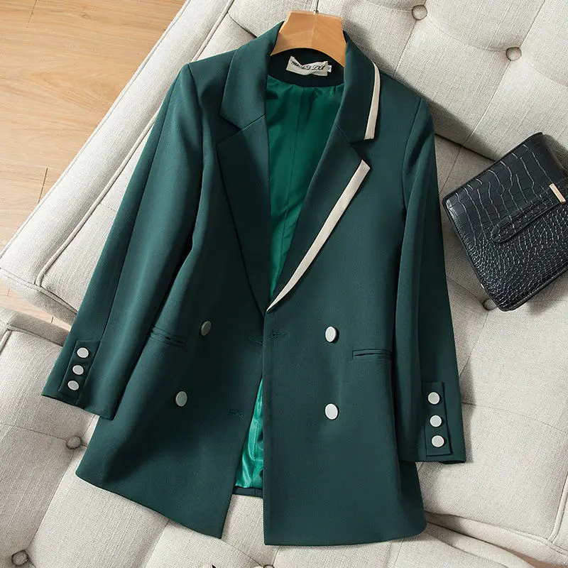 

Women 2021 Spring Autumn Fashion Office Wear Double Breasted Blazer Coat Female Vintage Long Sleeve Pockets Elegant Outwear Z183