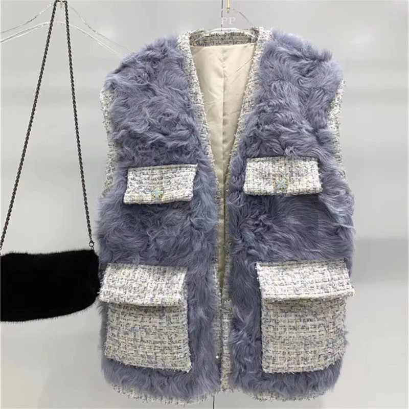 Элегантный женский жилет,, небольшой аромат, твид, карман, натуральный мех ягненка, жилет без рукавов, Топ для женщин