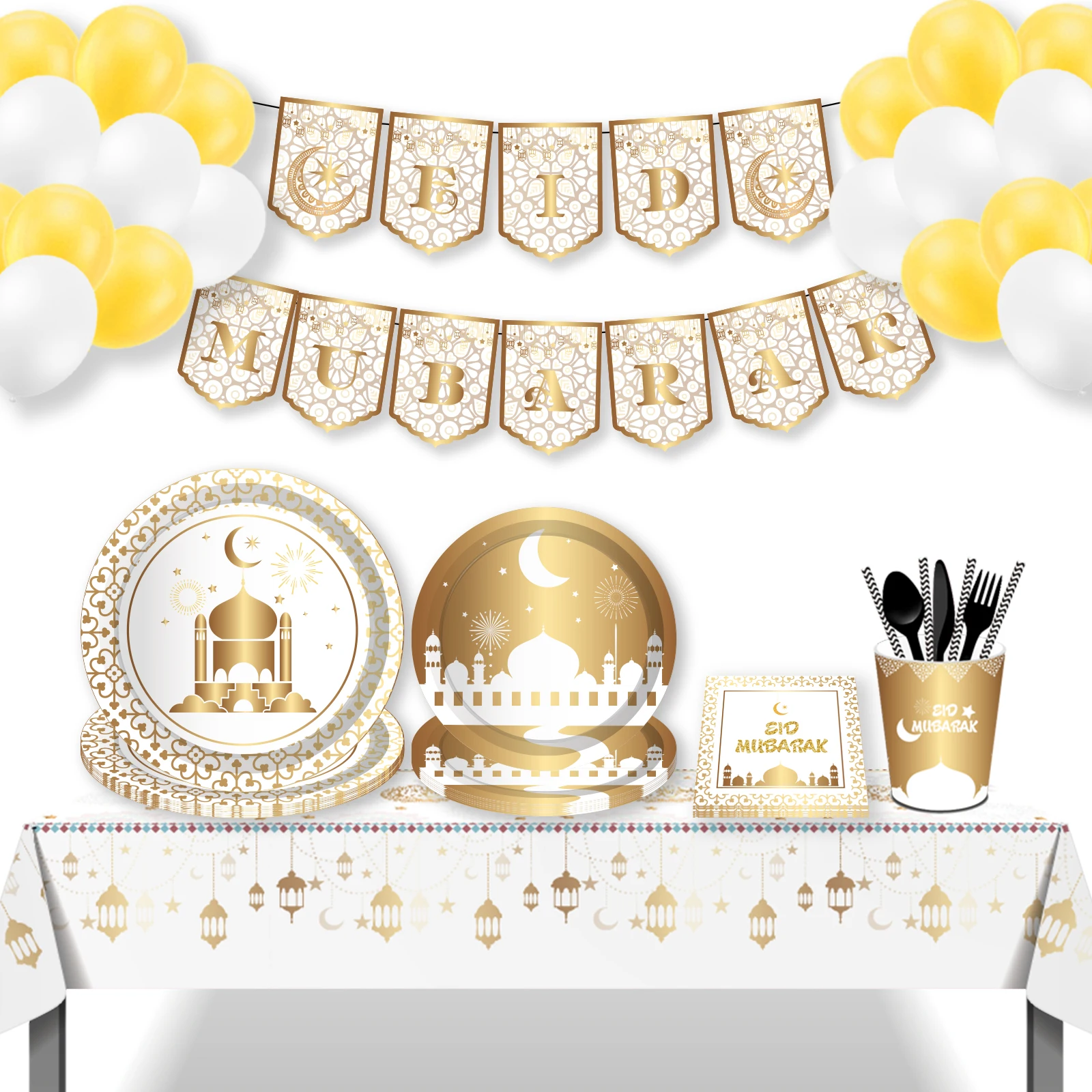 

Happy Ramadan Party Disposable Tableware Sets Eid-ul-fitr Muslim Festival Dinner Desserts Plates Napkin Party Decorations