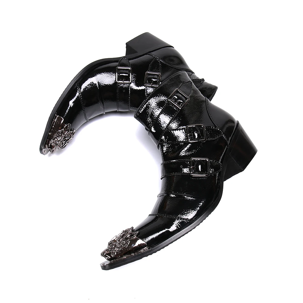 

Christia Bella Black Large Size Men's Metal Pointed Toe High Heel Short Boots Party Prom Male Zipper Motorcycle Leather Boots