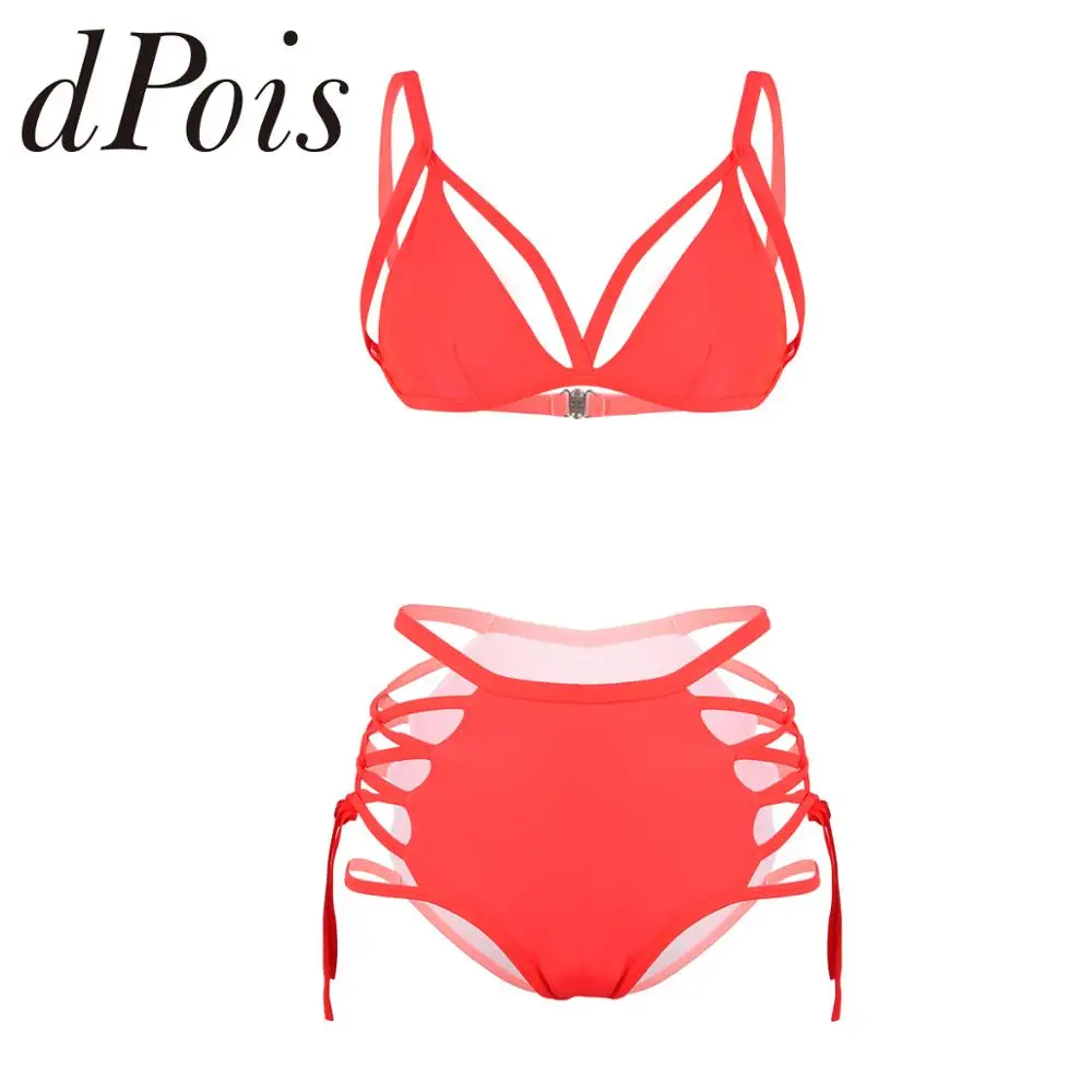 

2Pcs Womens Solid Color Bikini Swimsuit Swimwear Set Spaghetti Straps Padded Push Up Bra Top High Waist Lace Up Bikini Bottoms