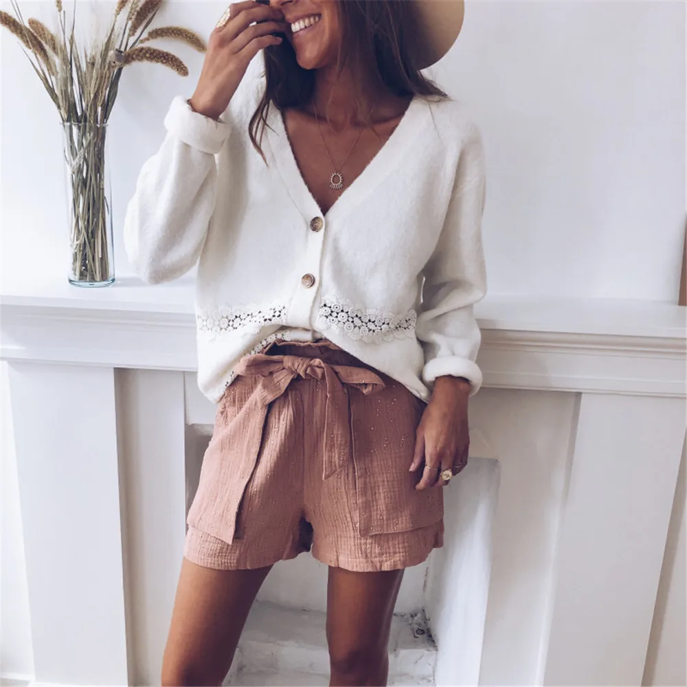 Женский вязаный кардиган с вырезами Однотонный свитер прямой подошвой Модный