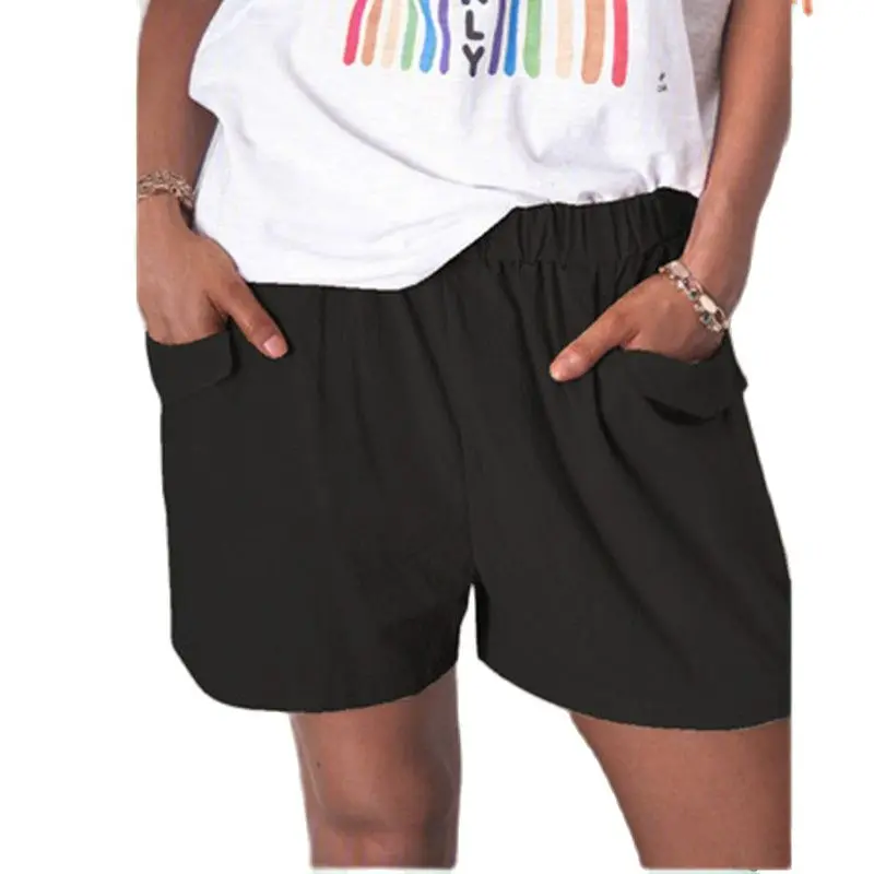 

2021 New Summer Pocket Flax Shorts Women Plus Size S-3XL Casual Loose Shorts Fashion All-match Solid Ladies Elastic Waist Shorts