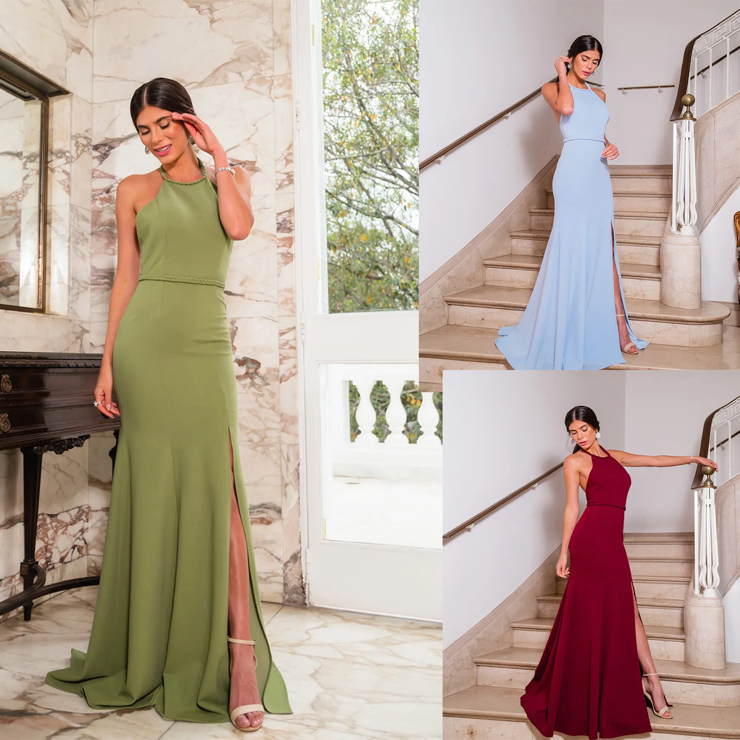 

2021 Fall Winter New Classic Halter Slim Wedding Party Guest Prom Dress Sexy Backless Full Llength Slit Sleeveless Evening Gown