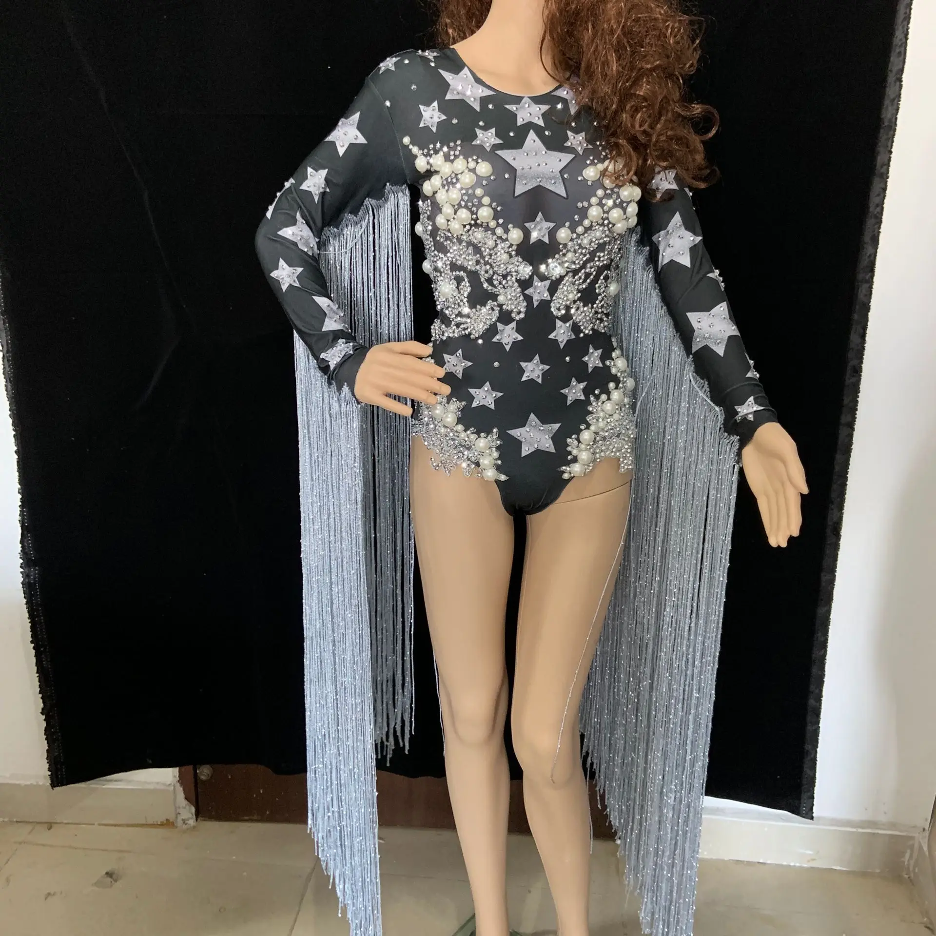 Соблазнительные Черные Звездные боди с длинными кисточками женское трико