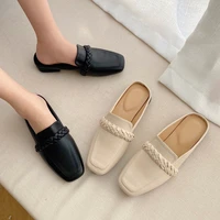 belt mules knitted slippers women trendy weaving cover toe slides outdoor woven med high heels pantufas hot ladies shoes