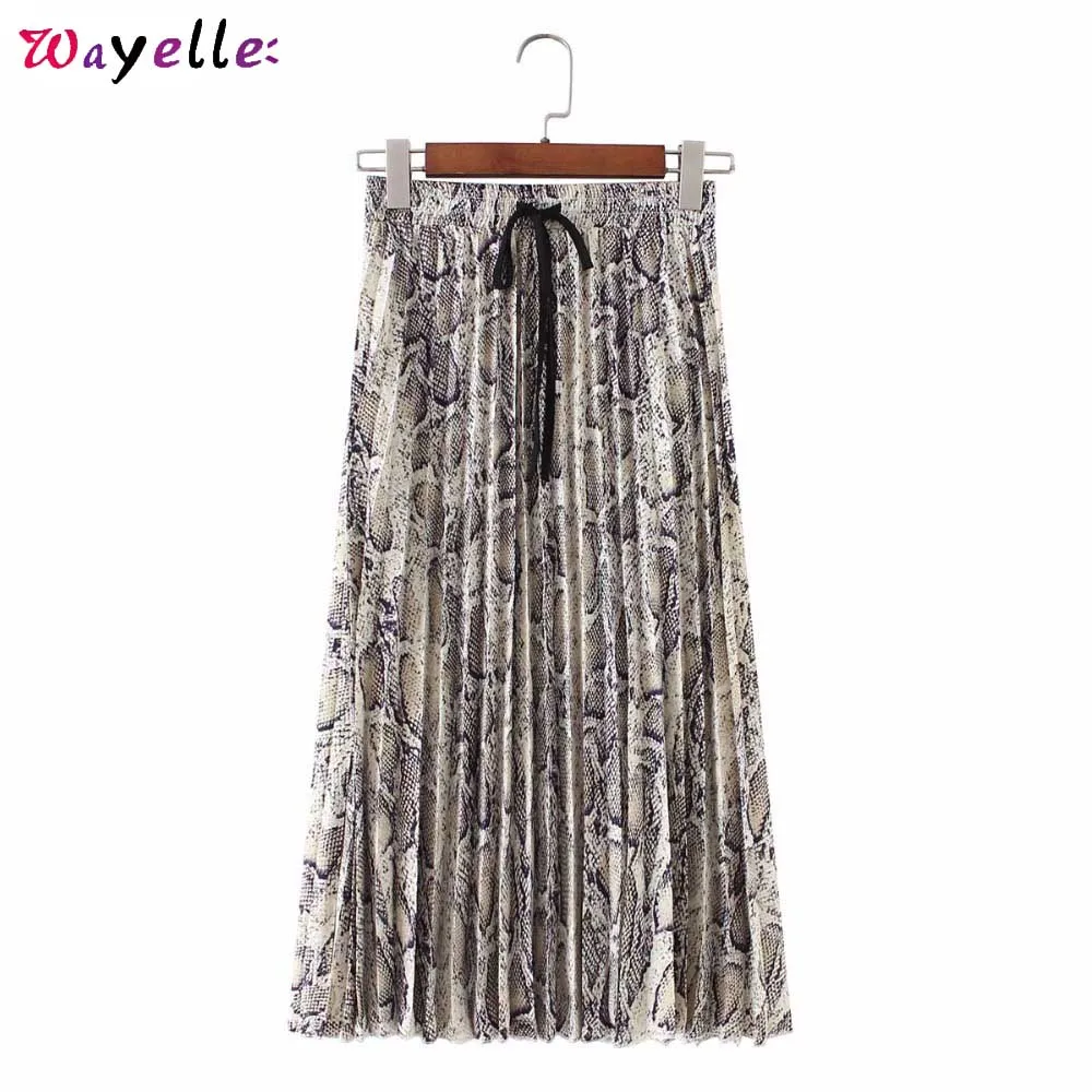 Women Stylish Snake Long Skirt Print Pleated Drawstring Faldas Mujer Moda Tie Elastic Waist Ladies Casual Mid Calf Skirts