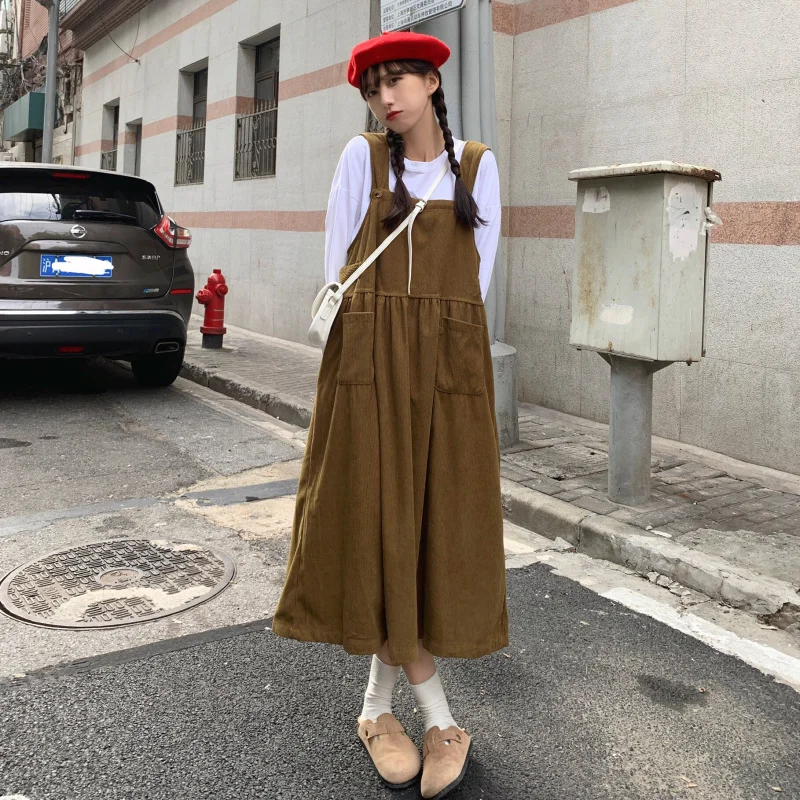 Платье женское вельветовое средней длины винтажный Повседневный длинный