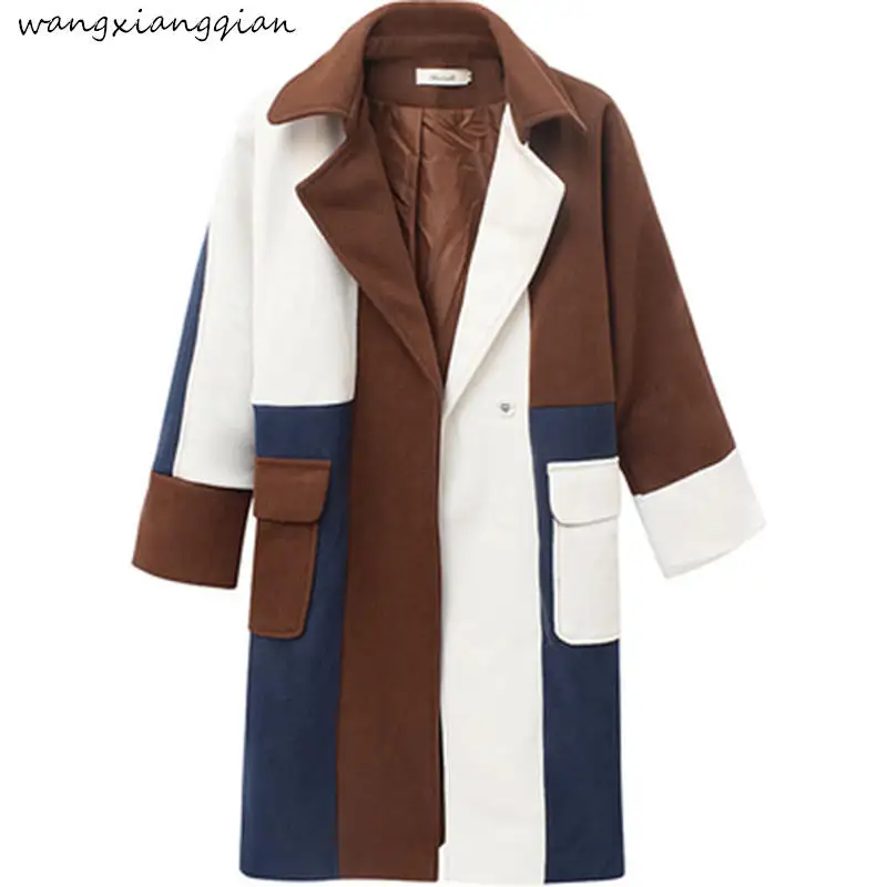 

Casual Patchwork Long Coat For Women Loose Pockets Wool Coat And Jacket Open Stitch Turn-Down Collar Women Clothes A521