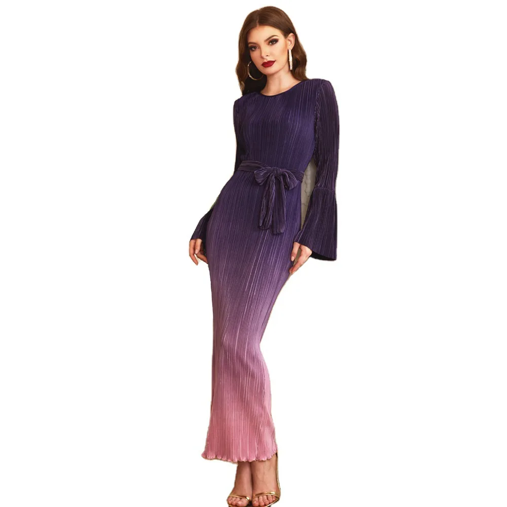 

Summer 2021 Abaya Pressure Pleated Gradient Beautiful Super Stretch Middle East Muslim Dubai Clothing Women's Kaftan