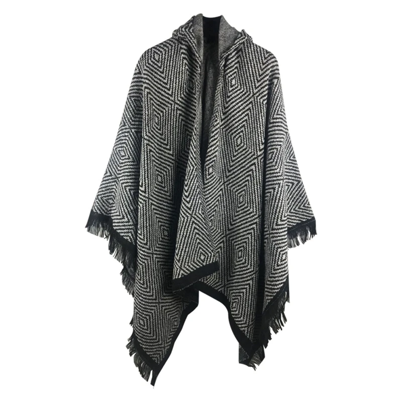 

Women Vintage Rhombus Knit Hooded Cape Fringe Tassel Poncho Shawl Warm Cardigan 85WB