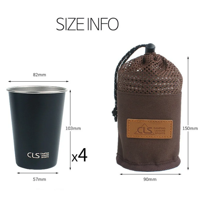 

4pcs 304 stainless steel cup Outdoor camping beer mug coffee tea cup set with bag
