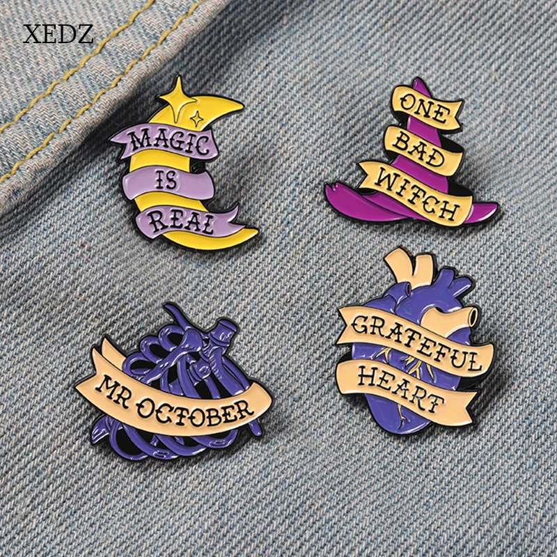 

XEDZ Punk Purple Magic Hat One Bad Witch Lapel Brooch Moon Skull Button Pins Grateful Heart Organ Enamel Badge Backpack Jewelry