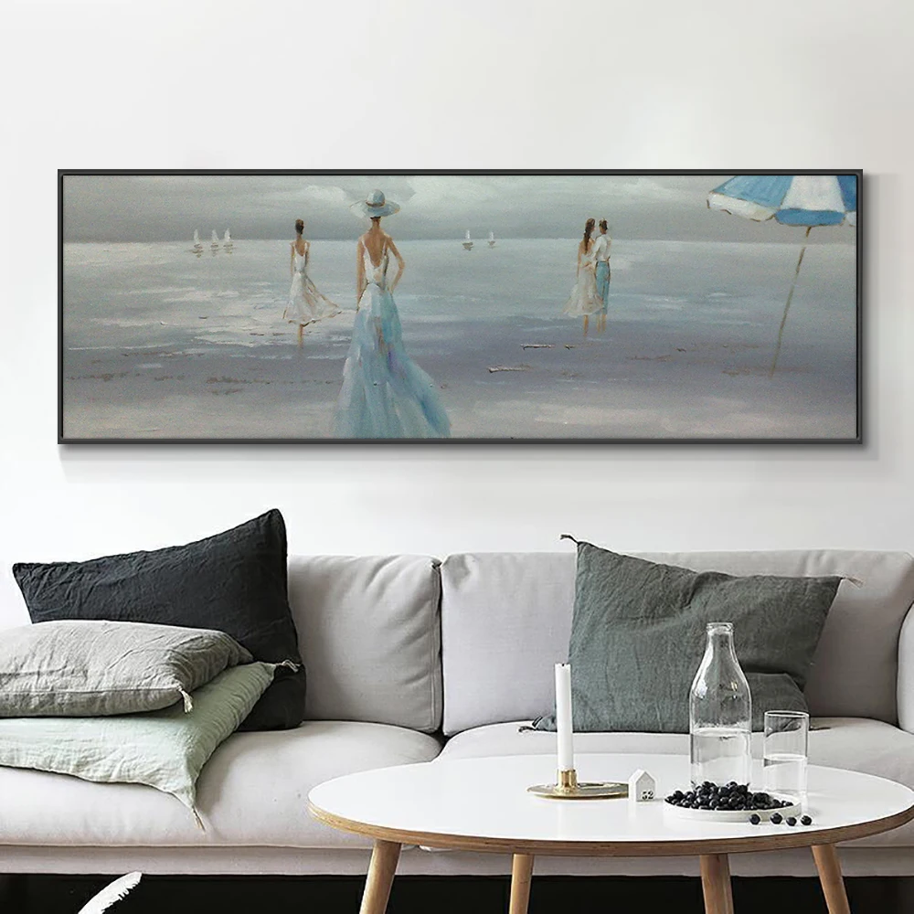 

Abstract People Play On The Beach Oil Painting 100% Hand Painted On Canvas Modern Seascape Wall Art For Living Room Decoration