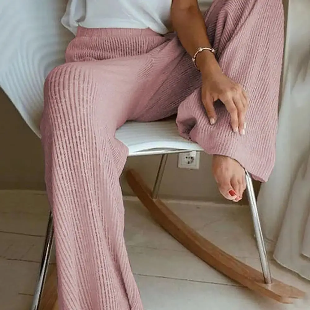 

Elegant Solid Ribbed Knitted Pants High Waist Elastic Waistband Knitted Trousers Women Solid Color Wide Leg Slacks Trousers