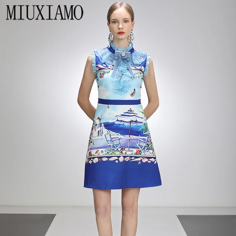 

MIUXIMAO 2021 Spring Summer Party Dress Diamonds Ruffles Above Knee Bow Tank Office Lady Blue Casual Dress Women Vestidos