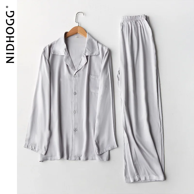 Пижама Мужская атласная с длинным рукавом однотонная повседневная одежда для