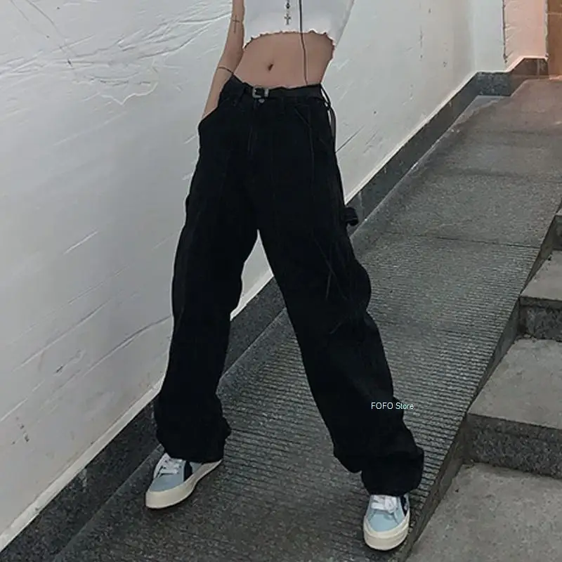 

Women Retro Wide Leg Jeans Harajuku Vintage Black Street Style Pants College Teens All-match Loose Fashion Femme Trousers