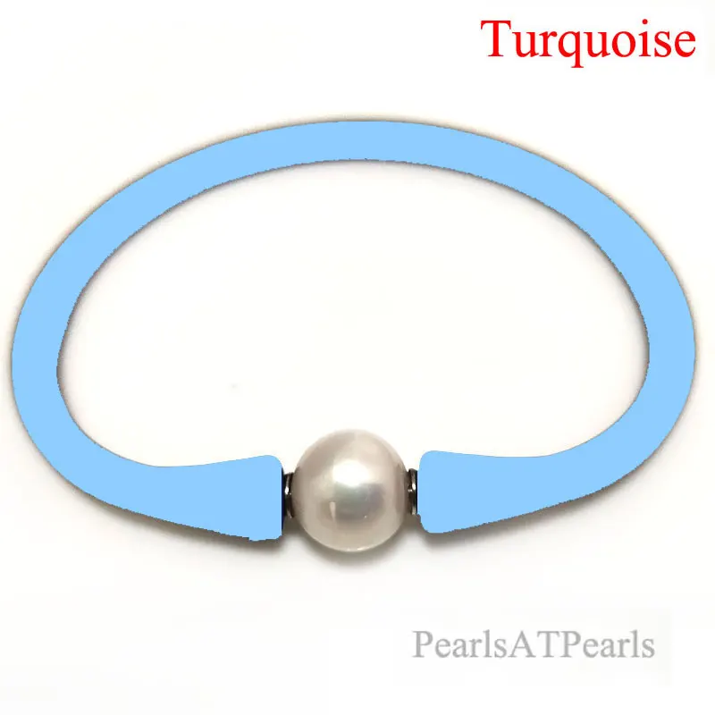 

7.5 inches 10-11mm One AA Natural Round Pearl Turquoise Blue Elastic Rubber Silicone Bracelet For Men