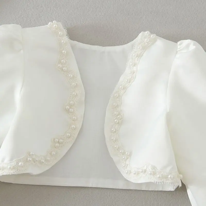 Baby Girls Satin Long Sleeve Bolero Shrug Handmade Imitation Pearl Beading Weddi | Детская одежда и обувь