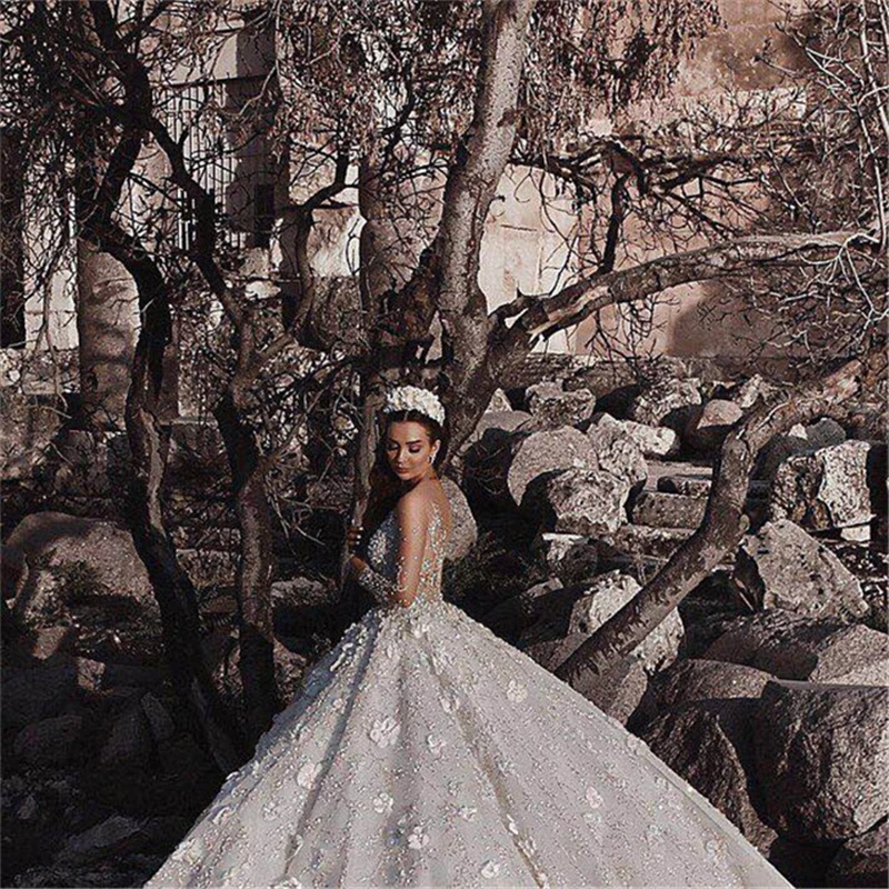 High-end Ultrathin Long Sleeve O-Neck 3D Lace Flowers Embroidery Wedding Dress Custom Made