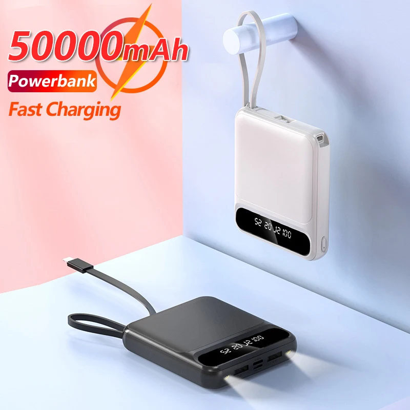 

50000mAh Mini Fast Charger Power Bank with Digital Display Built-in Charging Cable Portable External Battery for IPhone Xiaomi
