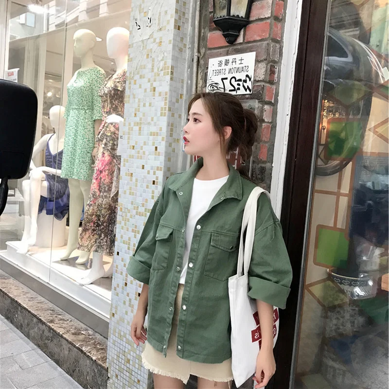 

Korean Thick Autumn Vintage Lapel Casual BF Safari Style Loose Full Flare Sleeve Coats and Jackets Women Streetwear Jean Jacket