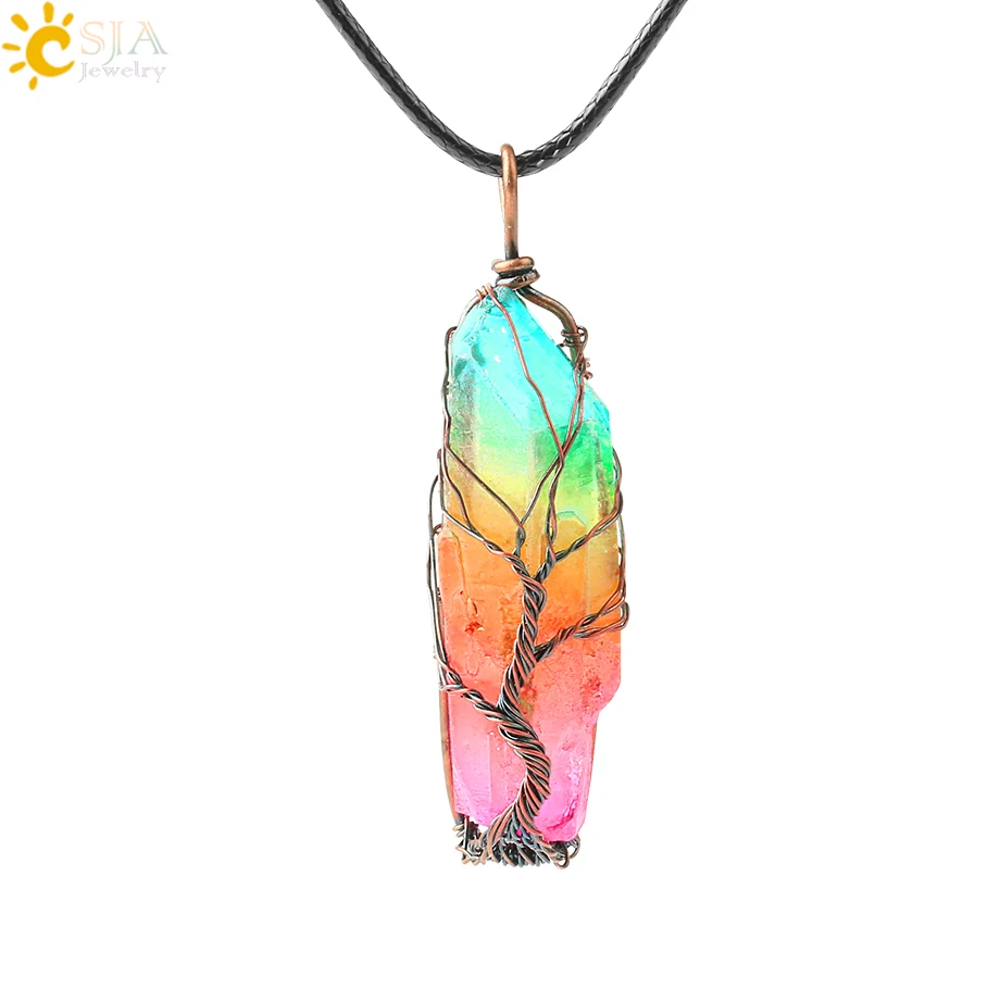 Csja красочный нерегулярный натуральный камень кристалл античное ожерелье с подвеской медное покрытие проволока обертывание Дерево жизни Подвески унисекс G147