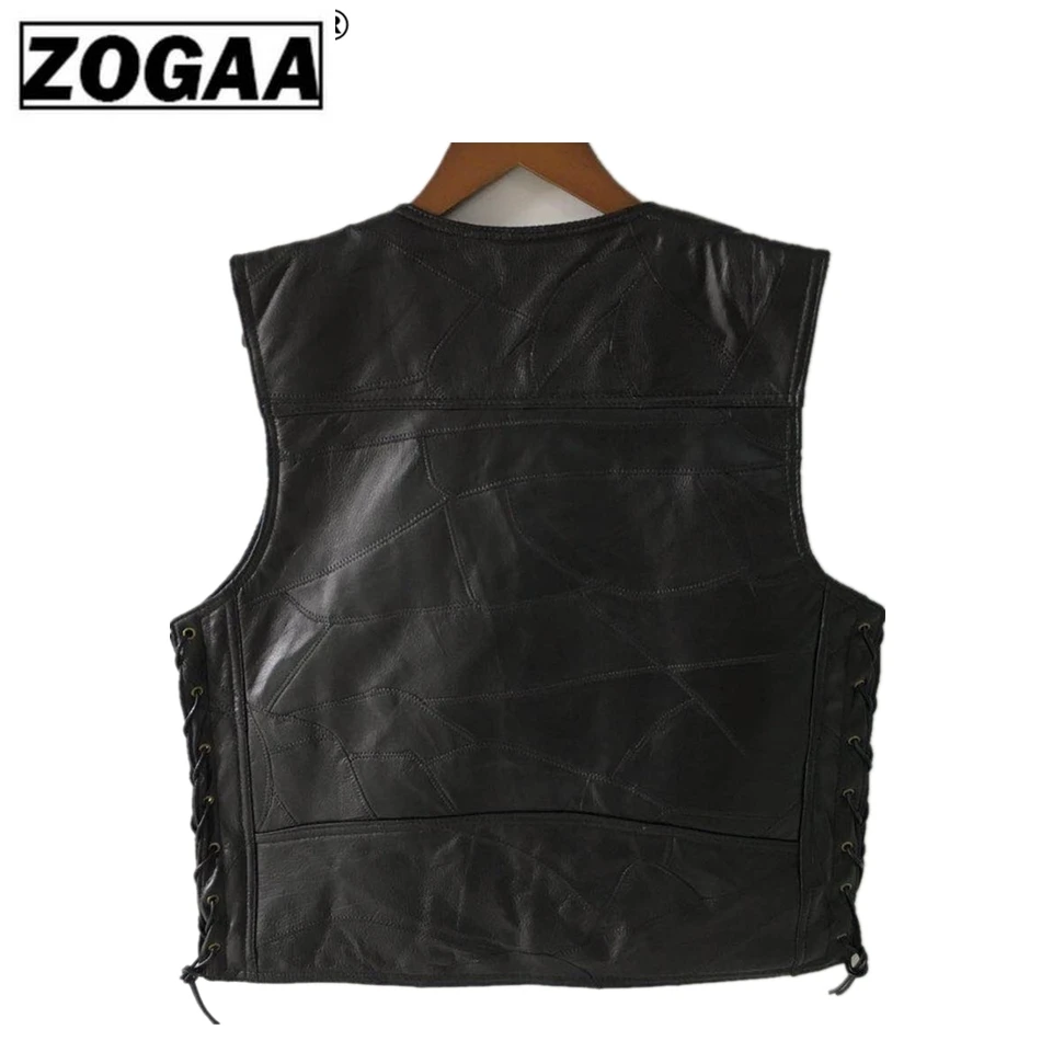 Мотоциклетный жилет кожаный мужской черный Байкер панк натуральная кожа на