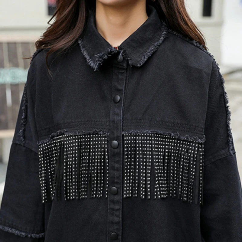 Женское модное джинсовое пальто в стиле сафари с отделкой бисером и кисточками черный свободный