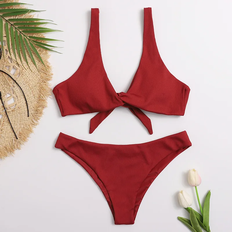 

2021 New Swimwear Solid Color Sexy Triangle Bikini 2-Piece Swimsuit for Women