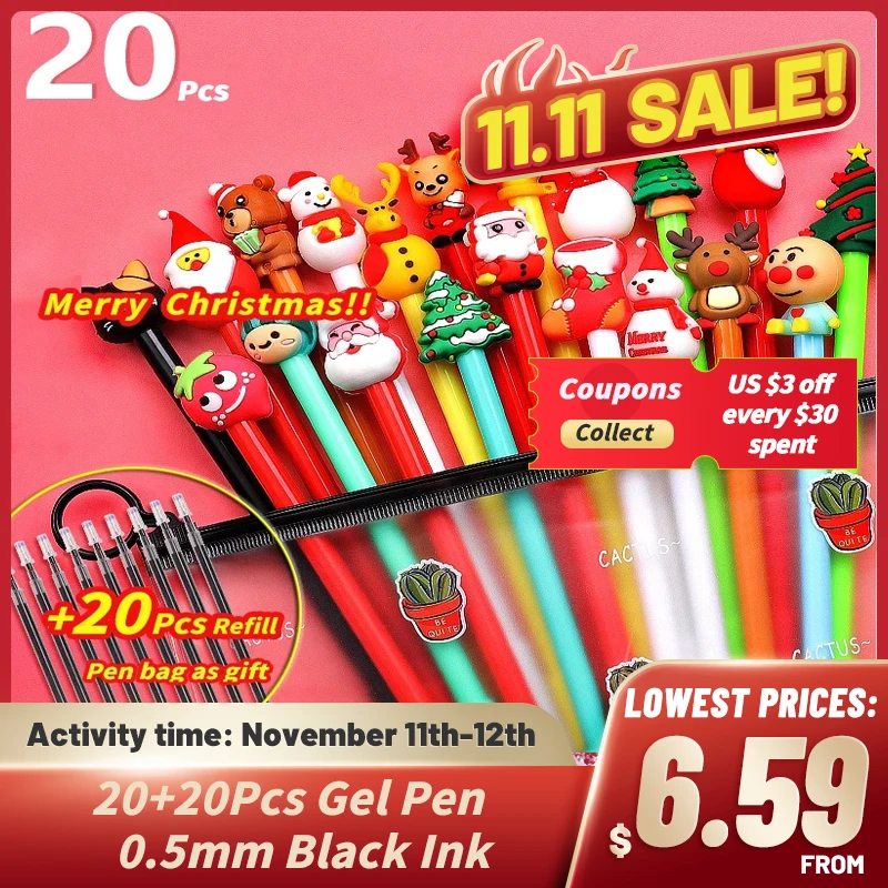 

20+20 Pcs/Lot Kawaii Christmas Type Gel Pen Cute Tree Deer Santa Gift Box Snowmen 0.5mm Black Ink Pens School Office Stationary