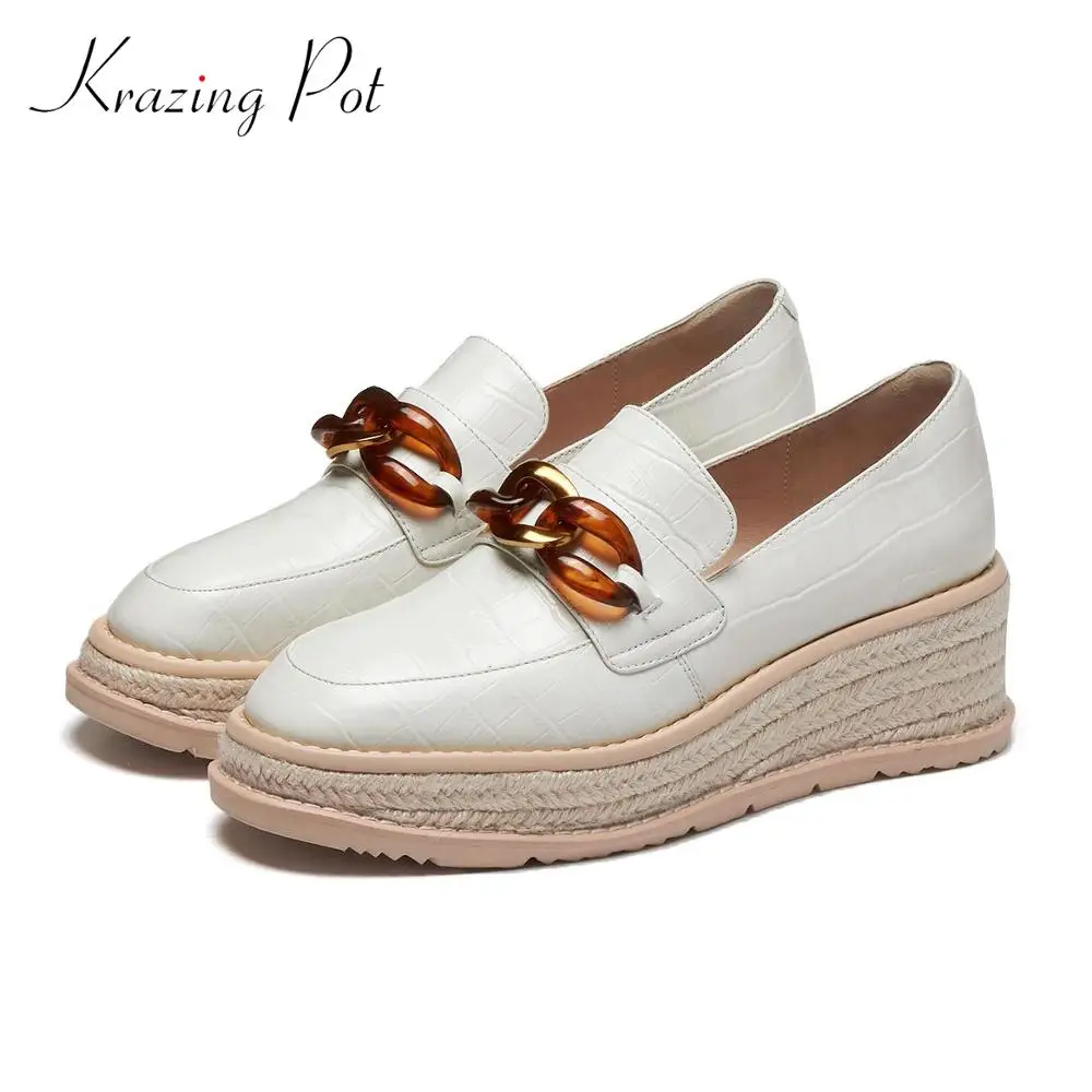 

Туфли Krazing pot из натуральной кожи на плоской платформе с круглым носком на соломенной подошве, модные туфли-лодочки с металлическими цепочка...