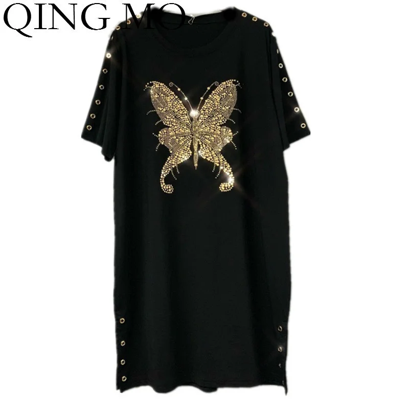 Цин MO для женщин с принтом бабочка футболка платье Стразы женские черные