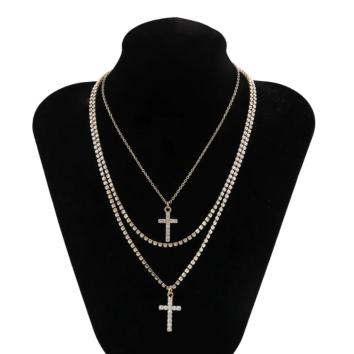 

Gold Color Inlaid Hao Stone Necklace for Women Multi-Layered Jesus Cross Necklace Clavicle Luxury Jewelry for Women