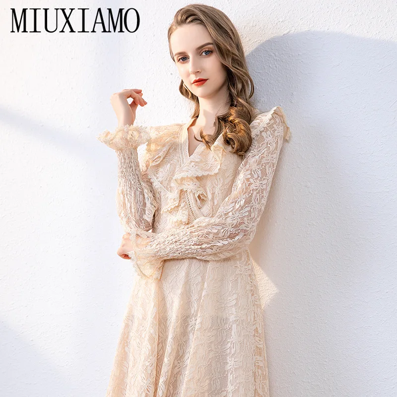 

MIUXIMAO High Quality 2020 Spring Dress Runway Design Ruffles Casual Dress Women Lace Elegant Slim Vintage Dress Women Vestidos