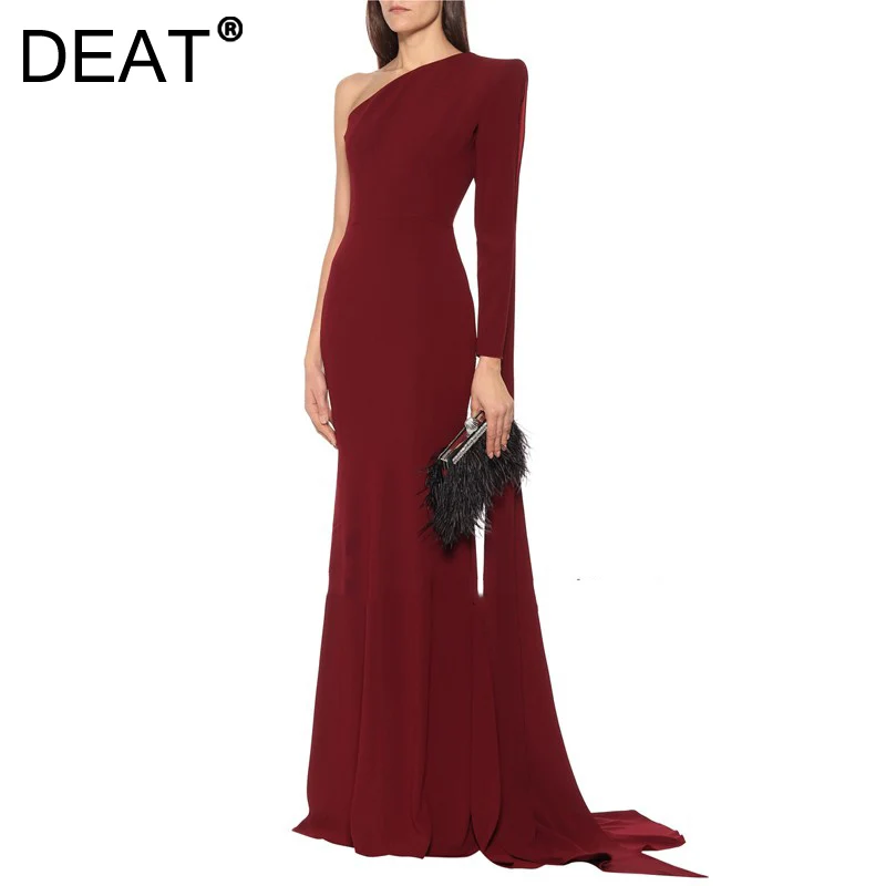 

[DEAT] 2023 Spring New Fashion Tide Asymmetric Collar Long Sleeve Solid Color High Waist High Quality Dress Women