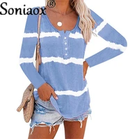 autumn women sexy o neck tie dye stripes print t shirts long sleeve buttons loose pullover t shirt fashion casual tops
