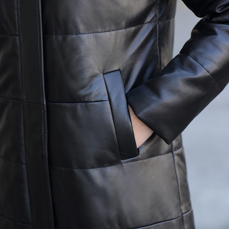 

JCBC 2021 Women Genuine Leather Jacket Long Duck Down Coats Hooded Warm Winter Real Sheepskin Coat Female Plus Size B0309