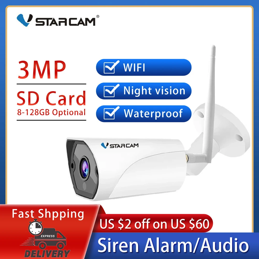 

Наружная цилиндрическая IP-камера Vstarcam 3 Мп 1296P, камера видеонаблюдения с Wi-Fi, водонепроницаемая камера видеонаблюдения с датчиком движения и...