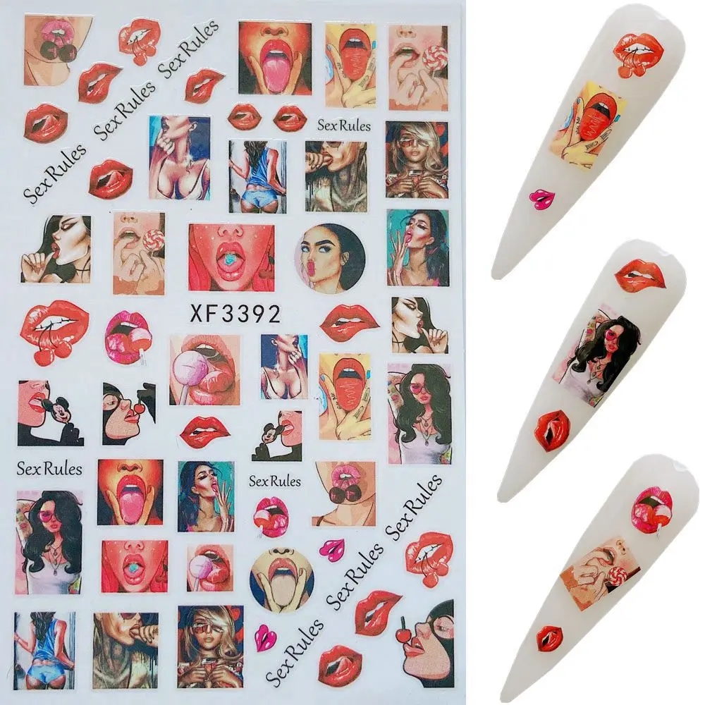 

10pcs Sexy Girl Lips Tongue Slider Water Decals Nail Sticker Water Transfer Tattoo Wraps Adhesive Tip Manicure Decoration