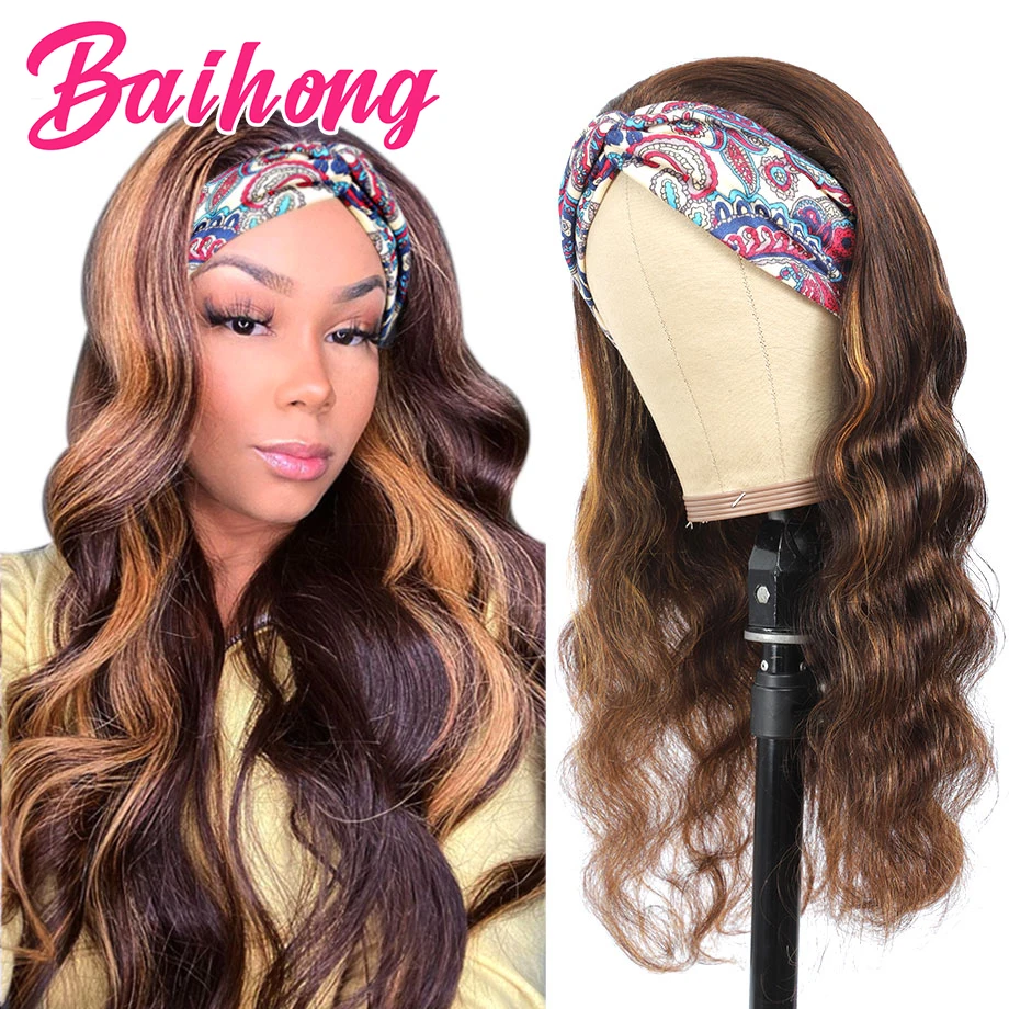 

Выделите объемная волна парик с головной повязкой бразильский Волосы Remy 4/27 смешанные Цвет Мёд блондинка без клея повязка на голову парики и...